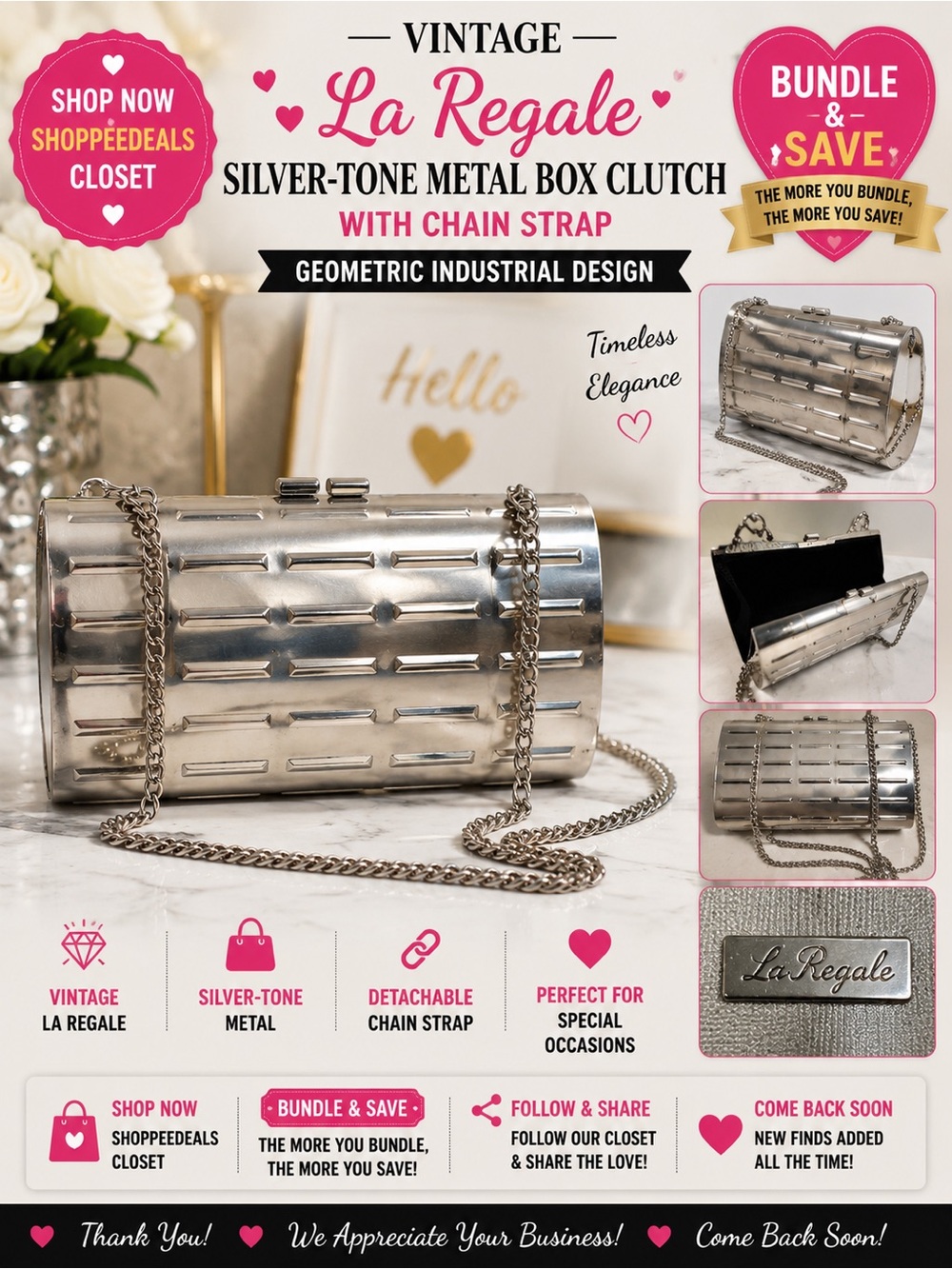 Vintage La Regale Silver-Tone Metal Box Clutch Crossbody Bag – Geometric Cutout